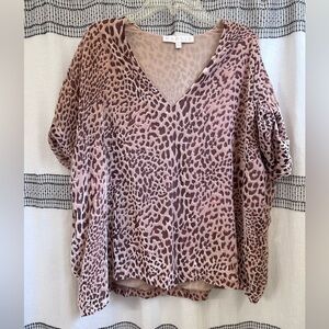 Karlie Animal Print V-Neck Blouse - Pink and Brown